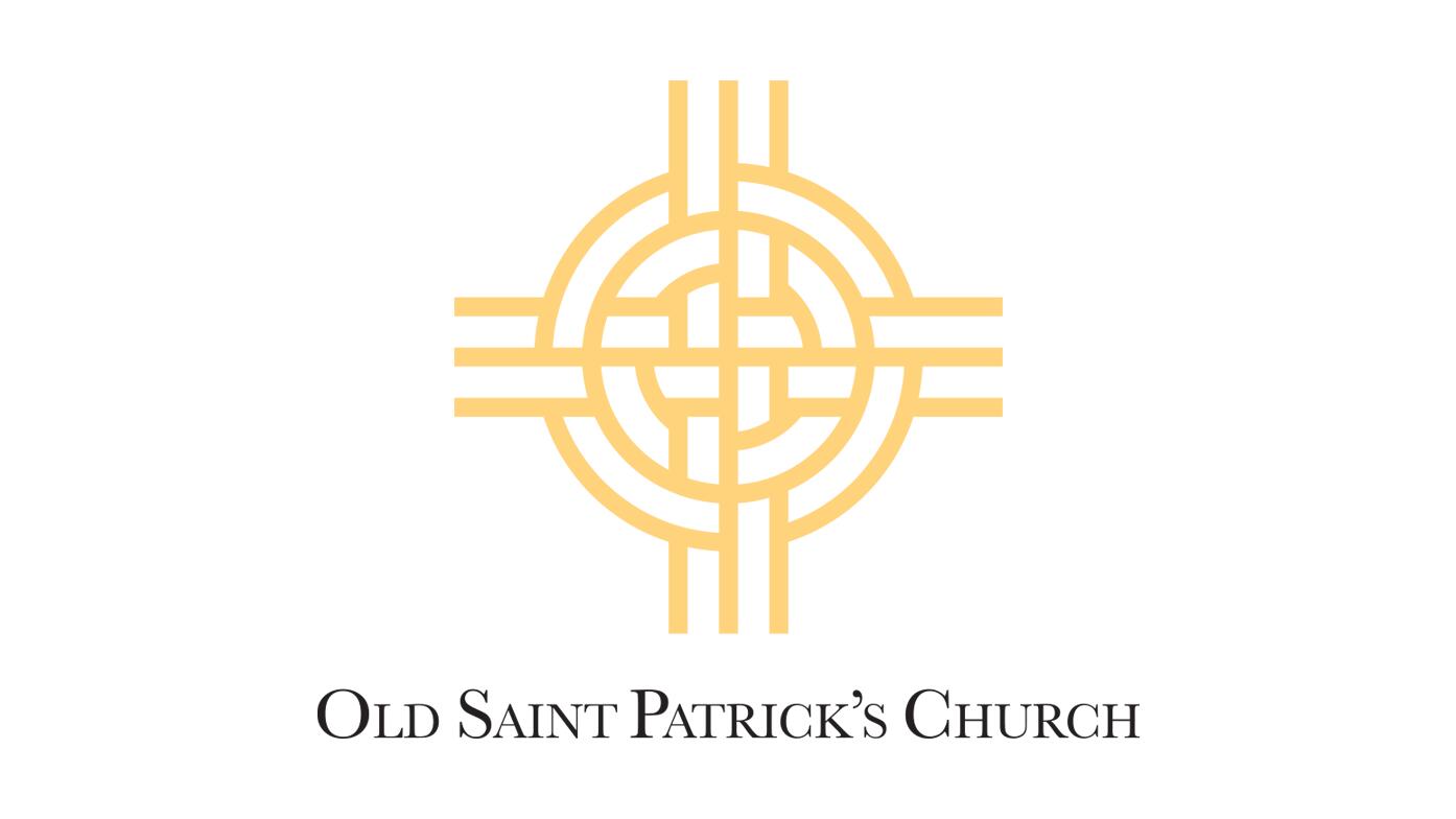 Stylized, circular Celtic knot in light yellow, representing Old Saint Patrick's Church, with the name written below in elegant black lettering.