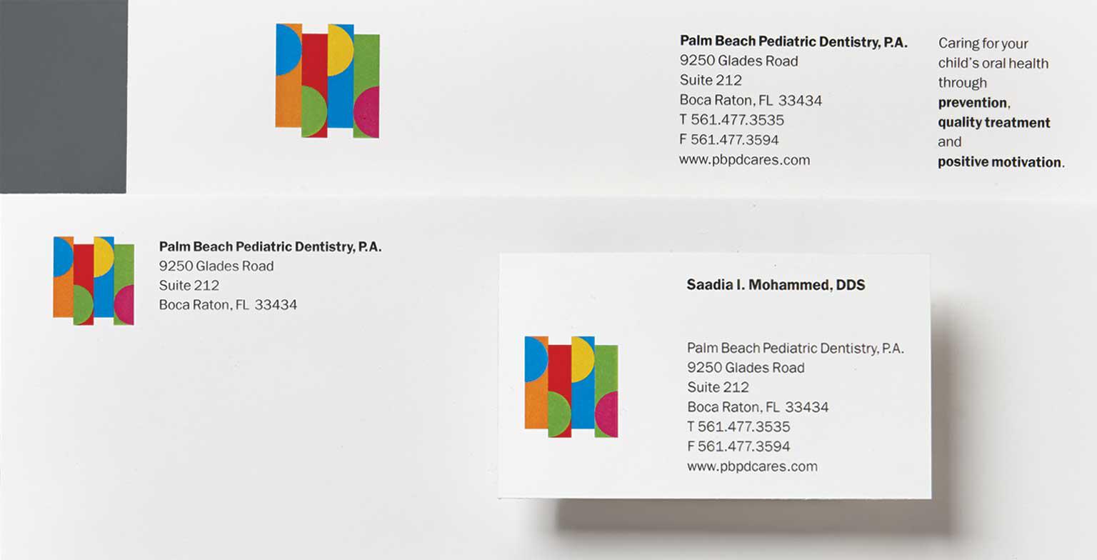 Business cards for Palm Beach Pediatric Dentistry, featuring a colorful geometric logo and contact details, including address and phone numbers.