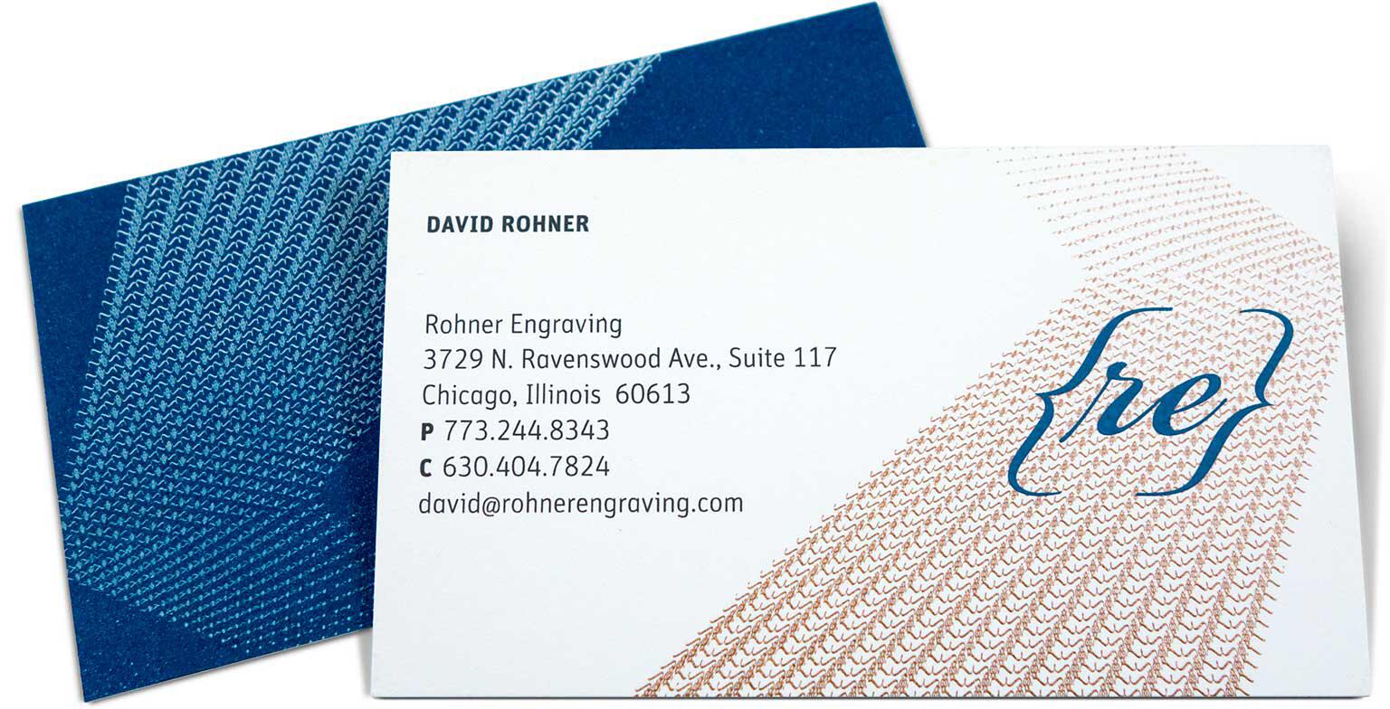 Business card for David Rohner with contact information and company logo, styled in blue and orange patterns.