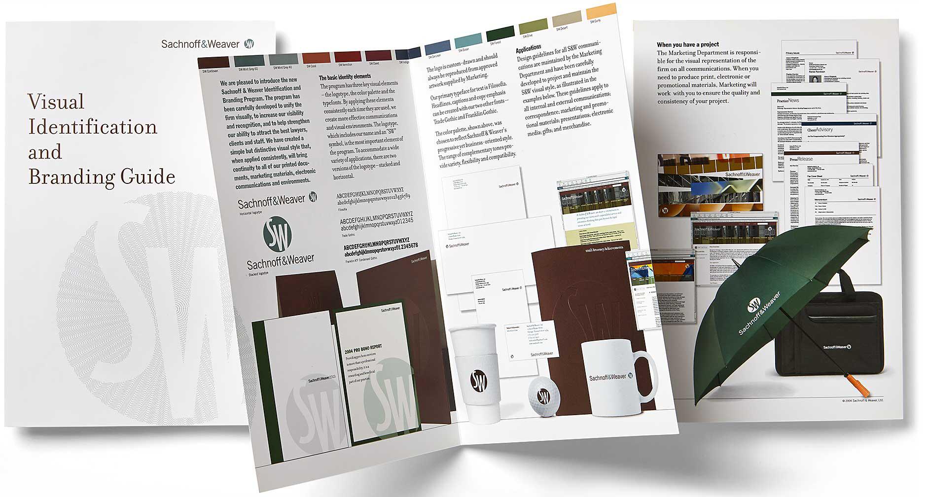 Branding guide spread showcasing different brand materials, including documents, a mug, an umbrella, and a bag, all featuring the Sachnoff & Weaver logo.