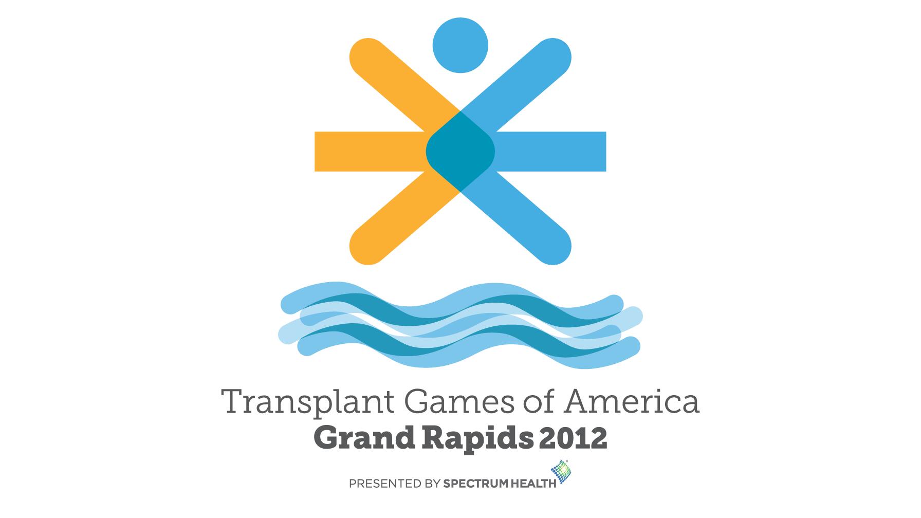 Logo for the Transplant Games of America 2012 in Grand Rapids, featuring abstract human figure in yellow and blue above stylized waves. Presented by Spectrum Health.