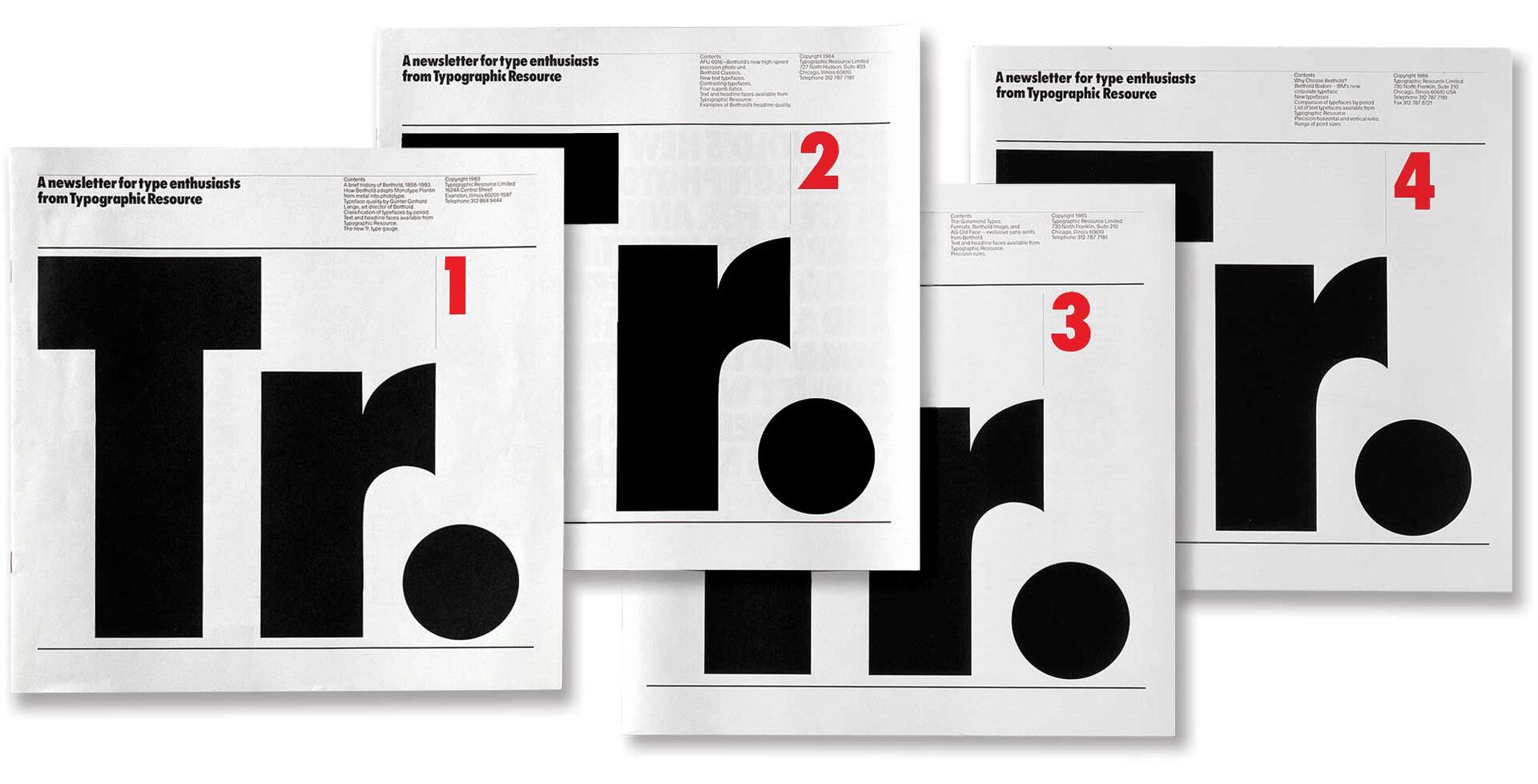 Four newsletters with "Tr." in large black letters, numbered 1 to 4 in red. Text at the top reads "A newsletter for type enthusiasts from Typographic Resource" on a white background.