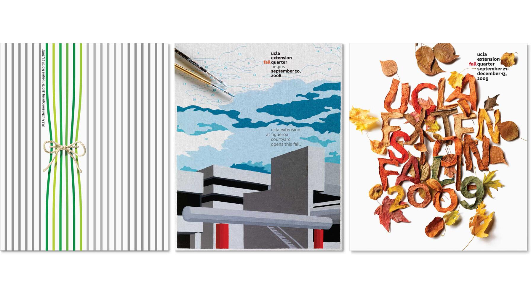 Three design posters for UCLA Extension: one with green stripes and a bow, another with a stylized building against a blue sky, and a third with fall leaves forming text.