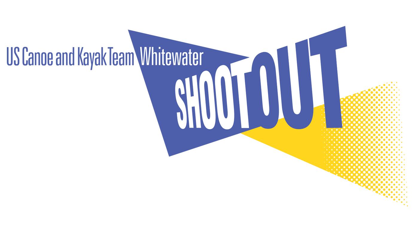 US Canoe and Kayak Team Whitewater Shootout logo with bold text on a blue and yellow geometric background.