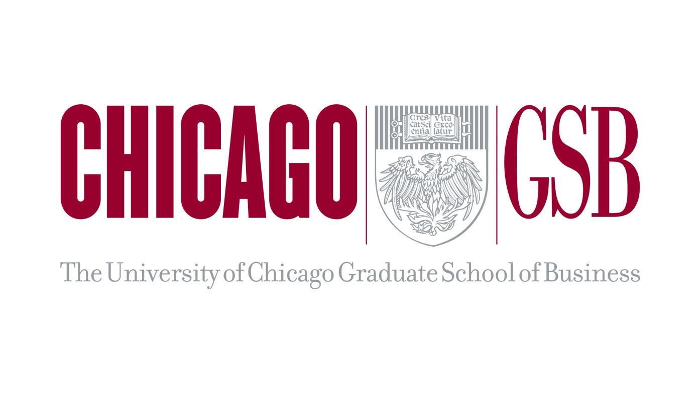 Chicago GSB logo featuring bold red text "CHICAGO GSB" with a central emblem of an eagle and the Latin motto "Crescat scientia" above "The University of Chicago Graduate School of Business".