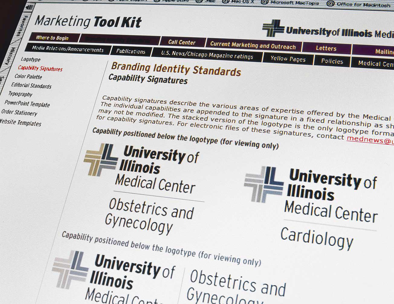 Marketing Toolkit webpage displaying branding identity standards for the University of Illinois Medical Center. Includes logos and capability signatures for Obstetrics and Gynecology, and Cardiology sections.