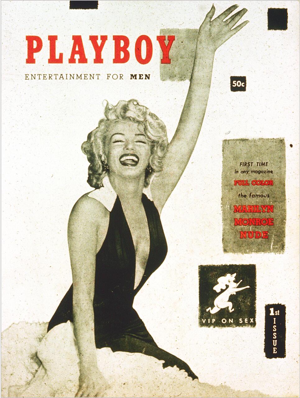 A vintage Playboy magazine cover featuring a smiling woman with curly blonde hair wearing a black halter dress. She raises one arm enthusiastically. The design includes bold red and black text. This is the first issue, priced at 50 cents.