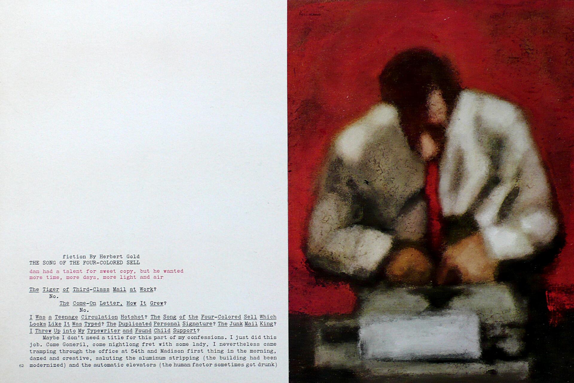 Abstract painting of a person in a suit with a red tie, leaning over a typewriter against a vivid red background. On the left, there's a page with typed text discussing a fictional story by Herbert Gold.