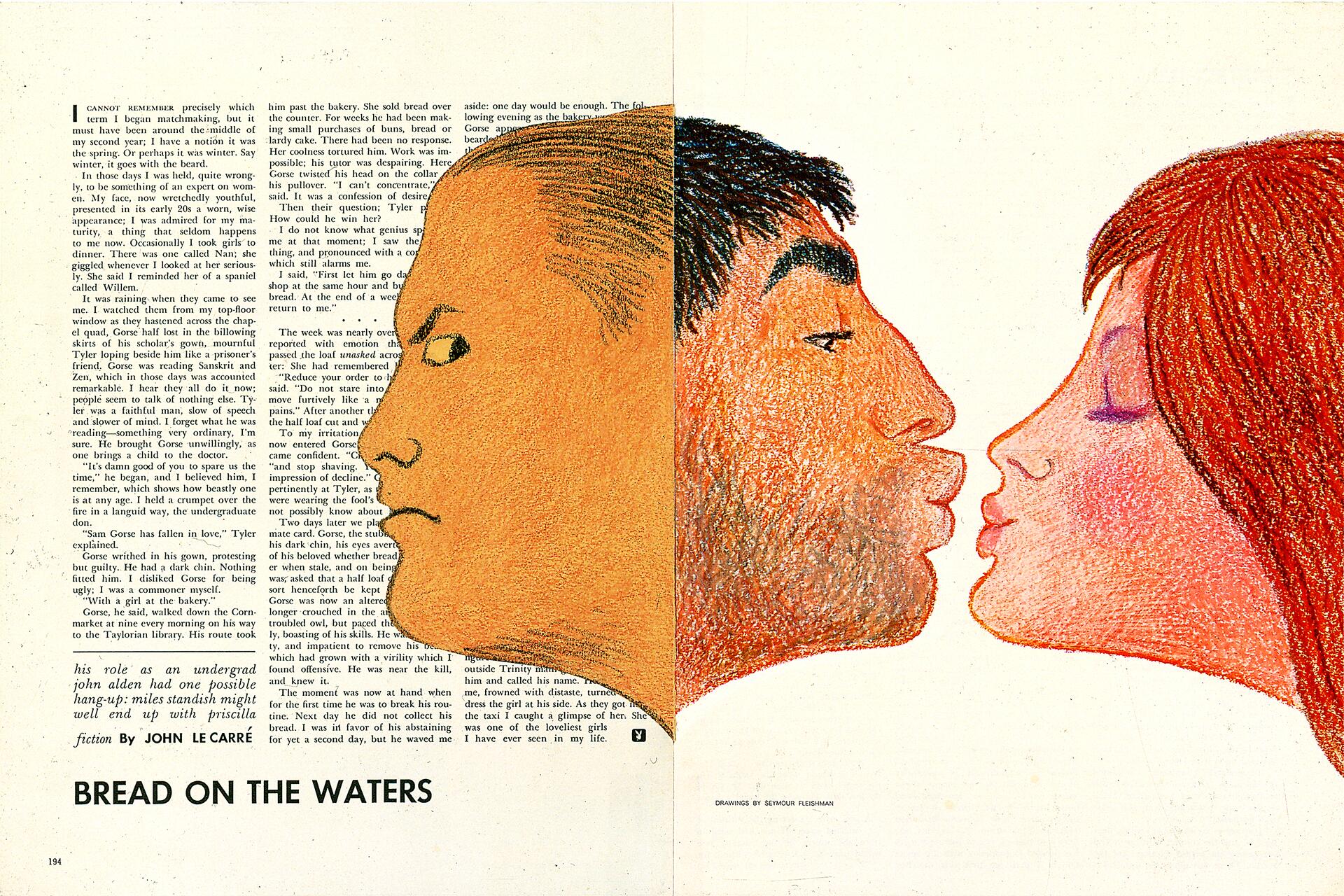 Illustration of a man and woman facing each other, poised to kiss. The left side features text from a story, and the right half is a colorful drawing highlighting the contrasting profiles of the characters.