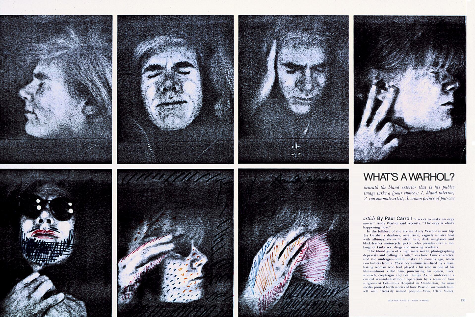 Six black-and-white photographic portraits of a person, each with varying expressions and overlays. The bottom row includes artistic alterations like sunglasses and colored scribbles. Text on the right titled "WHAT'S A WARHOL?" accompanied by an article.