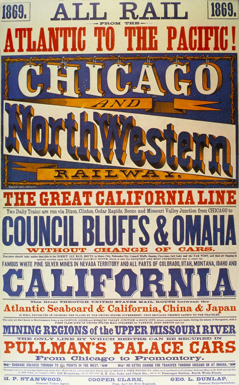 Colorful vintage poster for the Chicago and NorthWestern Railway from 1869, promoting "All Rail" travel from the Atlantic to the Pacific, including routes to California, Omaha, and mining regions, highlighting Pullman’s Palace Cars.