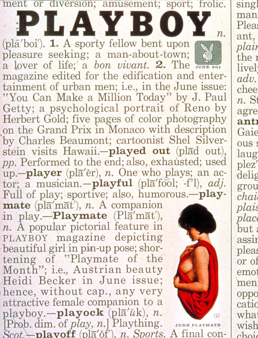 Stylized dictionary page featuring words like "PLAYBOY" and "Playmate" with definitions. Includes a small illustration of a woman in a red dress titled "June Playmate."