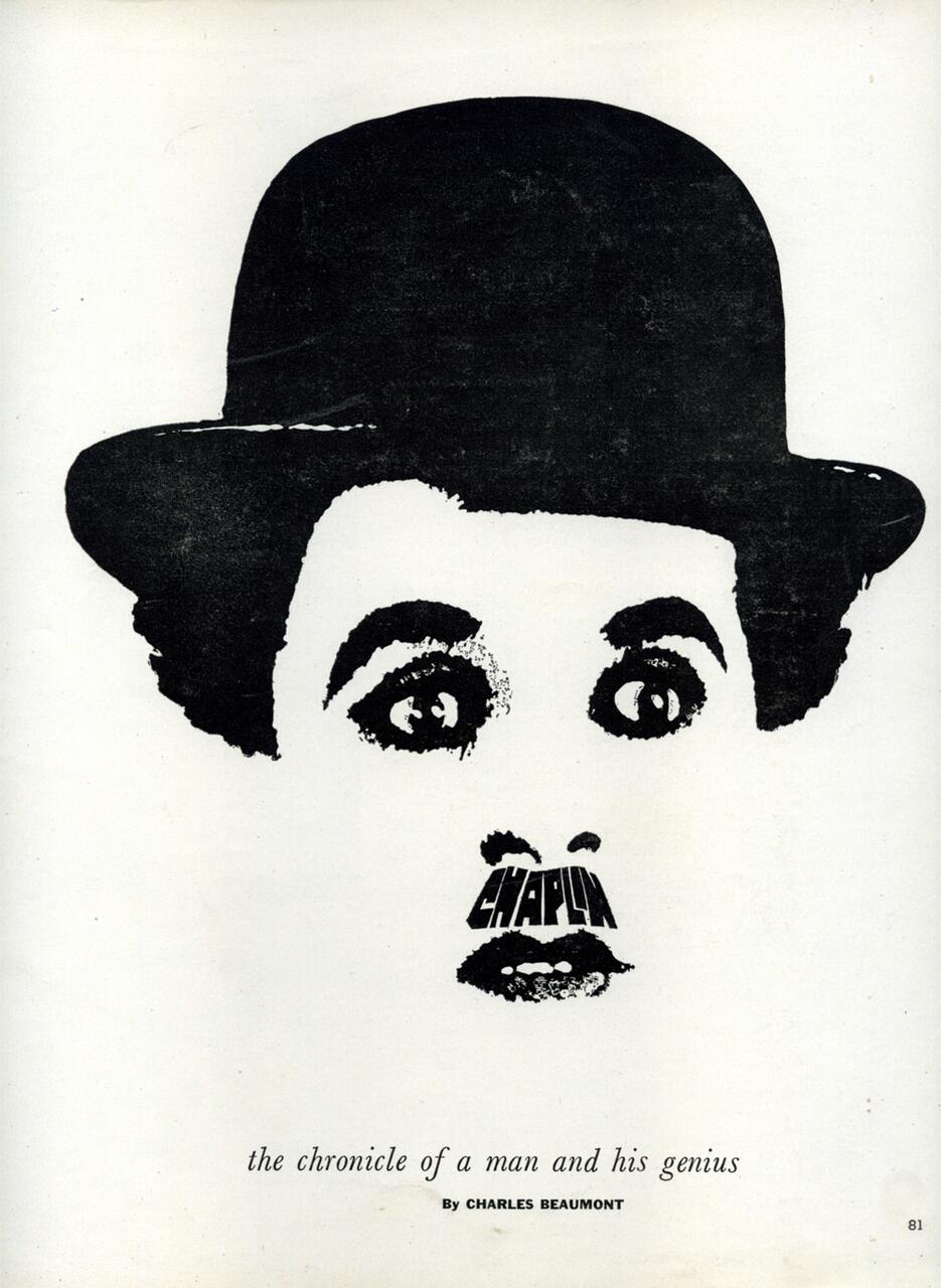 Stylized monochrome illustration of a man's face with wide eyes, mustache, and bowler hat. The mustache spells "Chaplin." Text below reads "the chronicle of a man and his genius by Charles Beaumont."