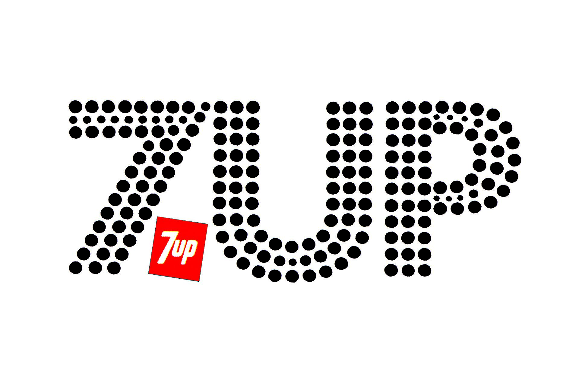 7UP logo with "7UP" written in black dots, accompanied by a small red square featuring "7up" in white.