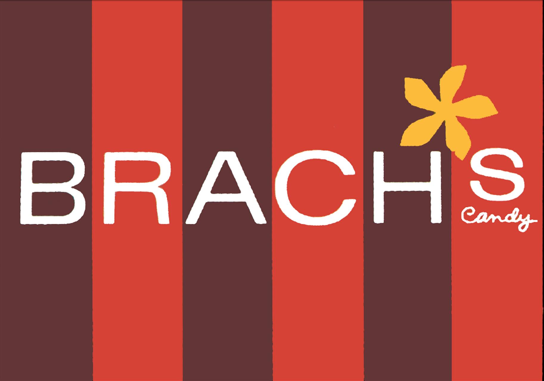 Brach's Candy logo with brown and red vertical stripes, featuring "BRACHS" in white letters, a yellow star-like shape above the "S," and the word "Candy" in script.