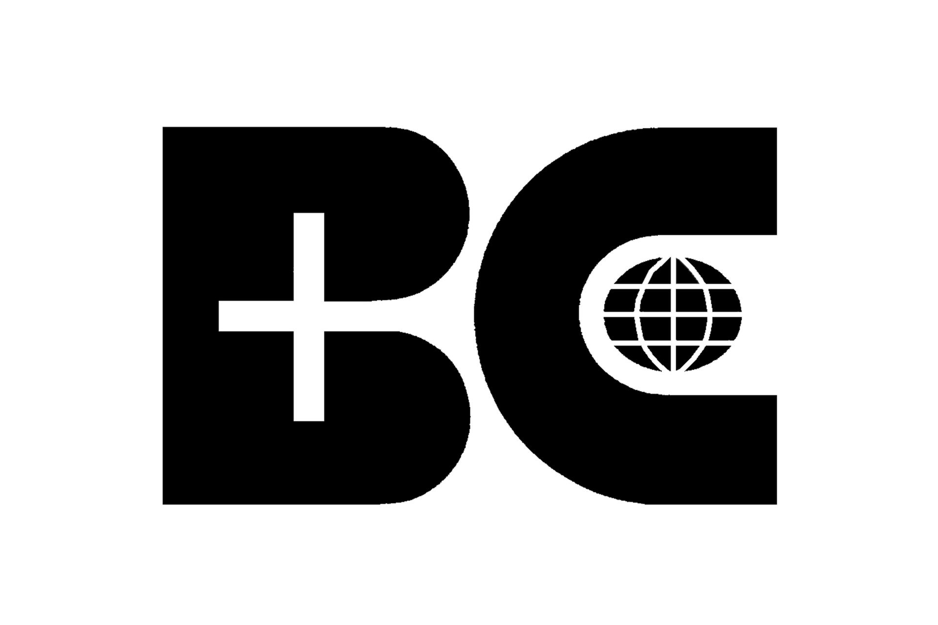 Bold black letters "BC" with a plus sign inside the "B" and a globe pattern inside the "C."