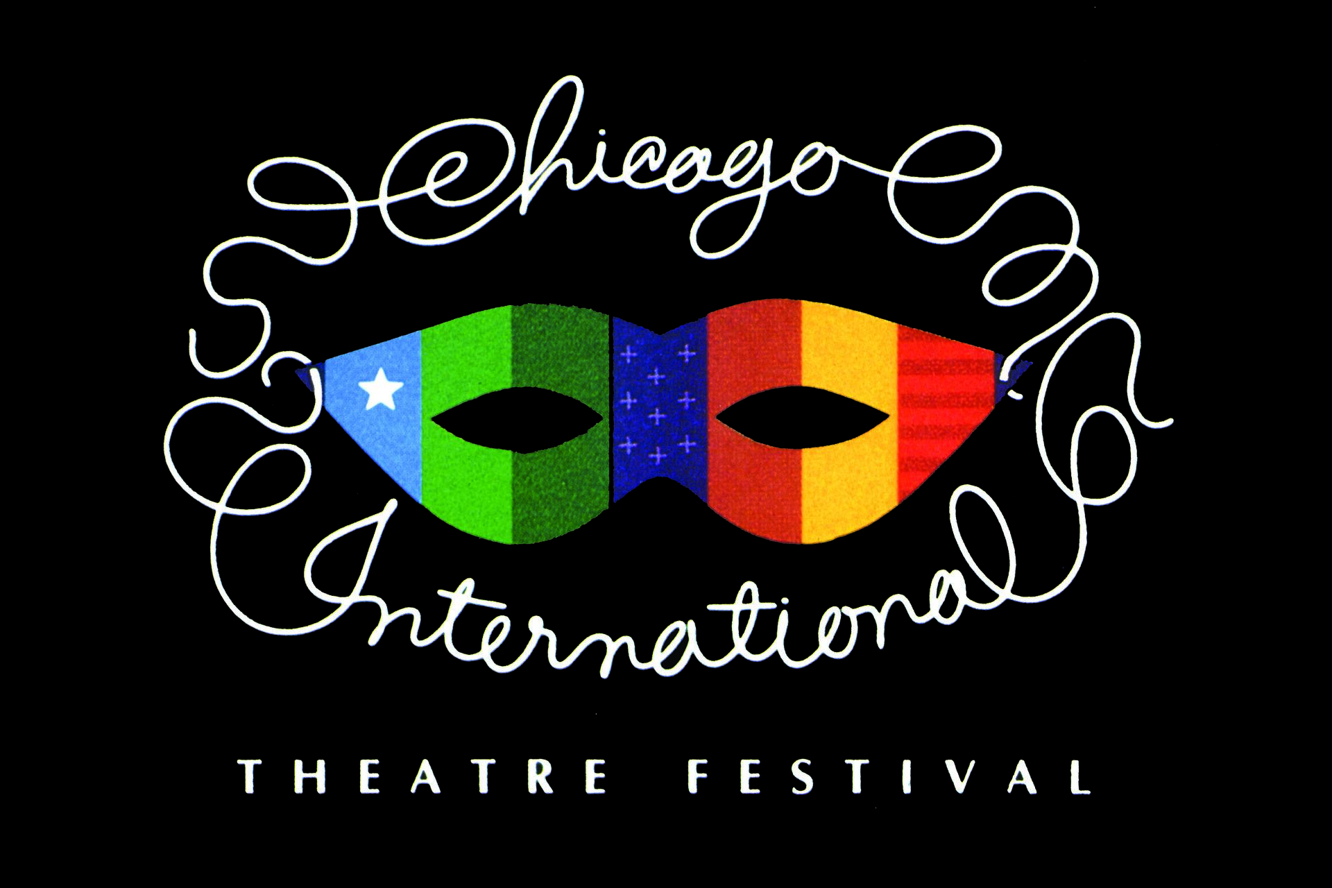 Colorful mask logo with swirling text reading "Chicago International Theatre Festival" on a black background.
