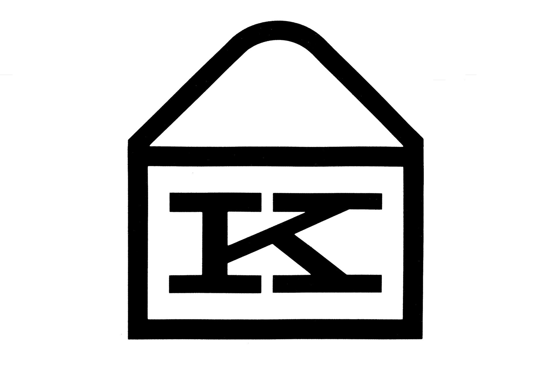 Black and white graphic of a stylized letter "K" inside a trapezoidal frame, resembling a house.