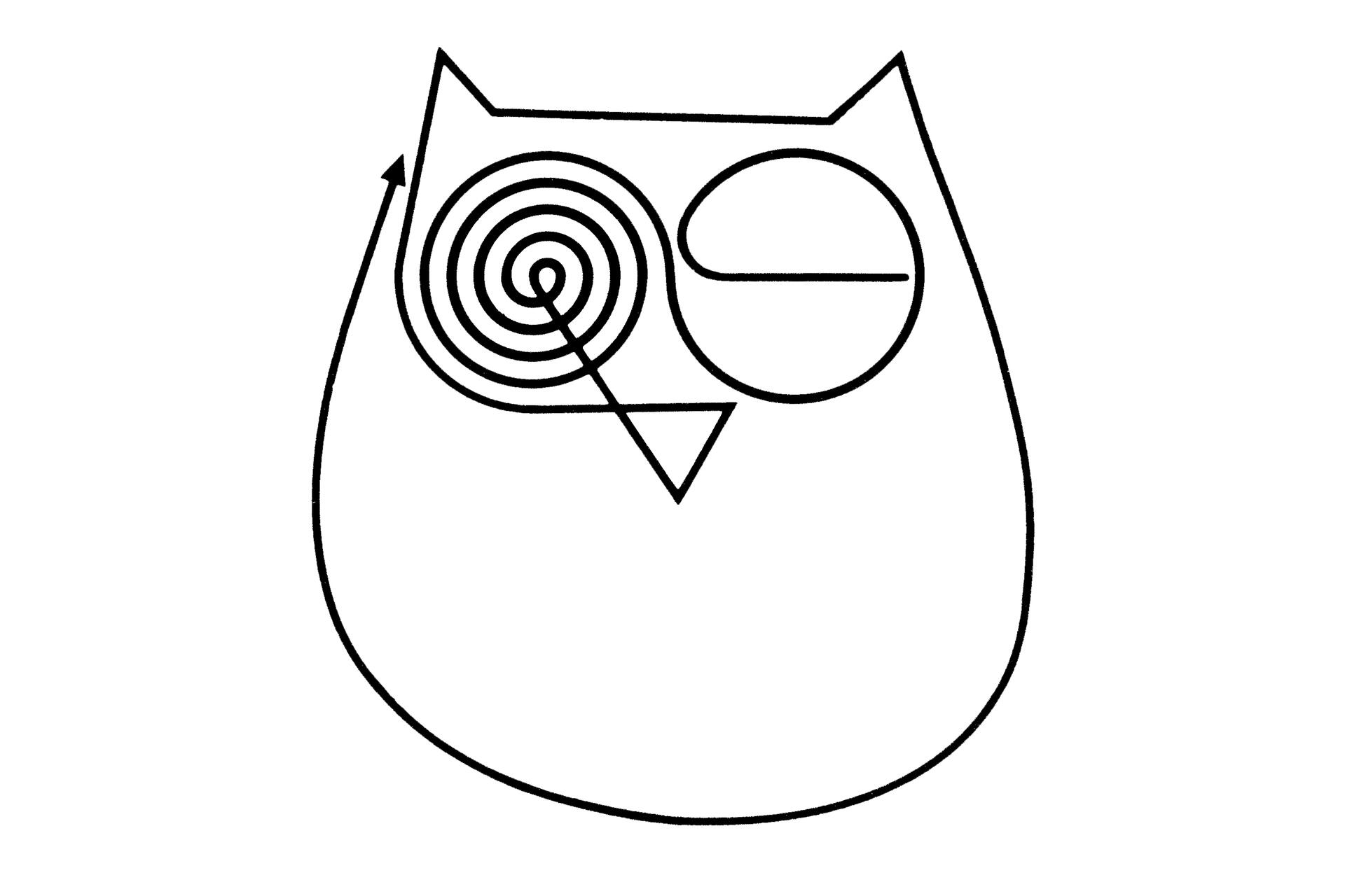 A simple line drawing of a stylized owl with spiral and semicircle shapes for eyes, and a triangular beak.