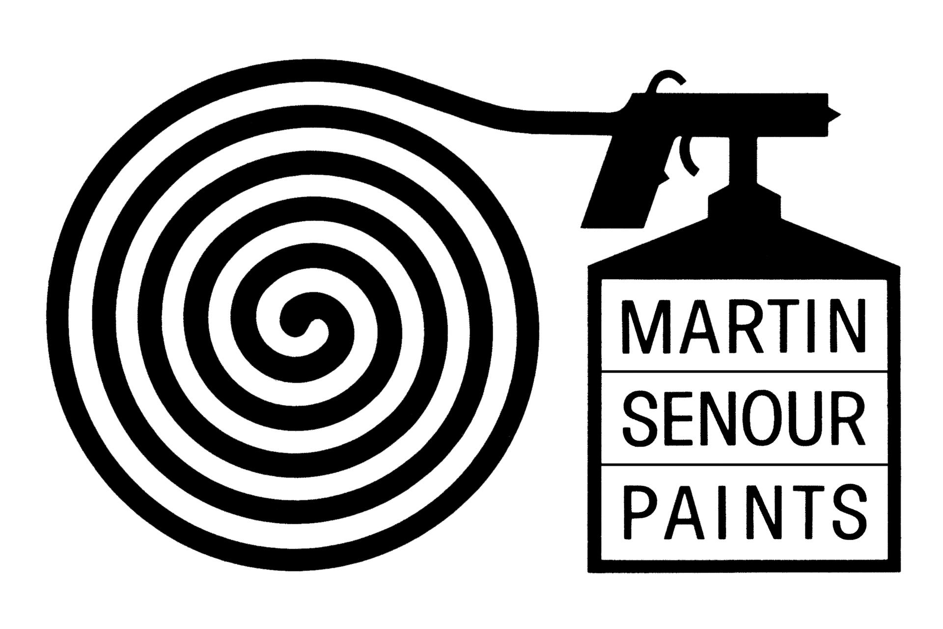 Graphic of a paint spray gun with a spiral pattern emerging from the nozzle. The canister is labeled "Martin Senour Paints" in bold letters.