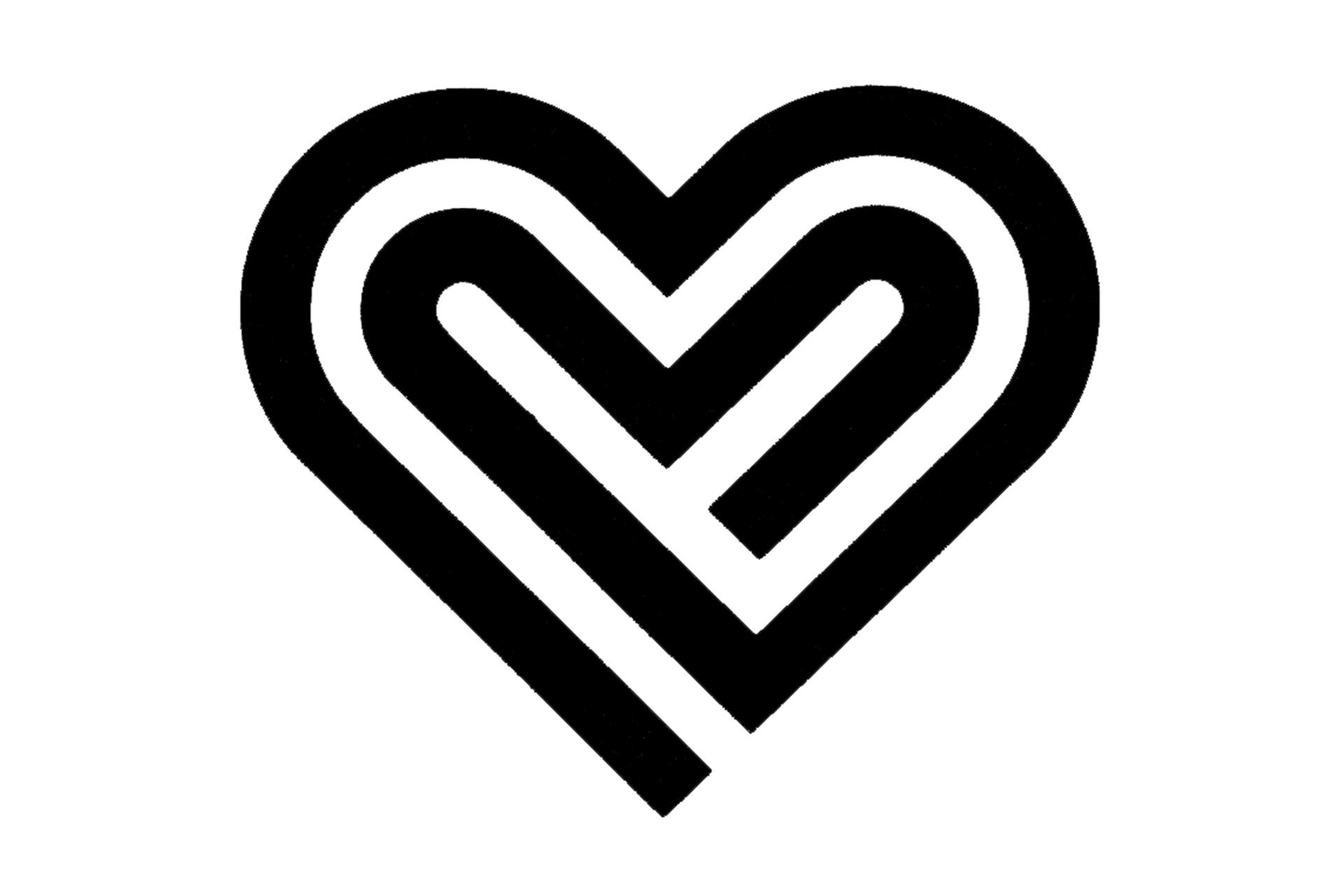 Black geometric heart logo with bold lines on a white background.