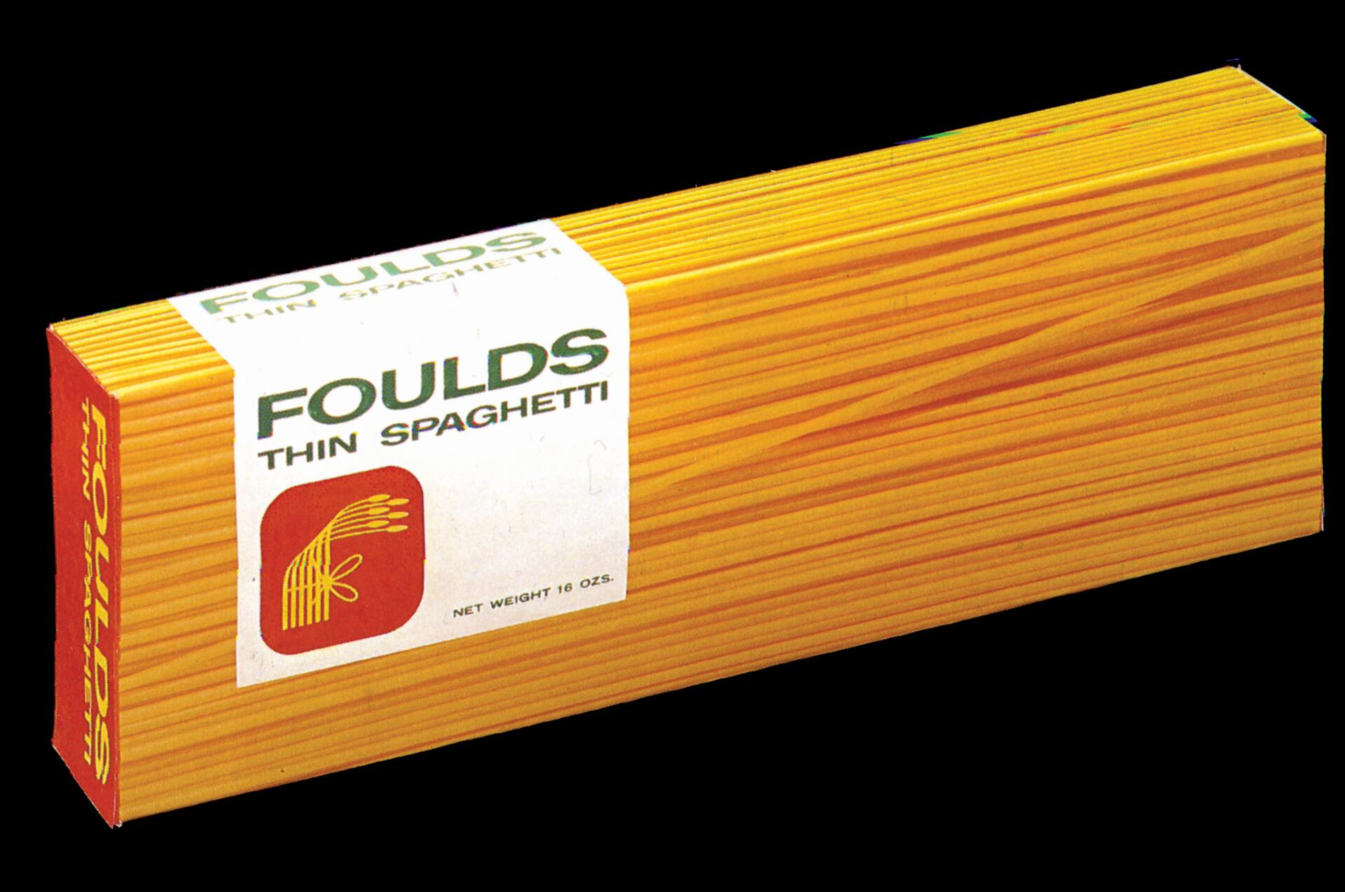 Box of Foulds Thin Spaghetti with yellow-orange spaghetti graphics and bold green text on the front.