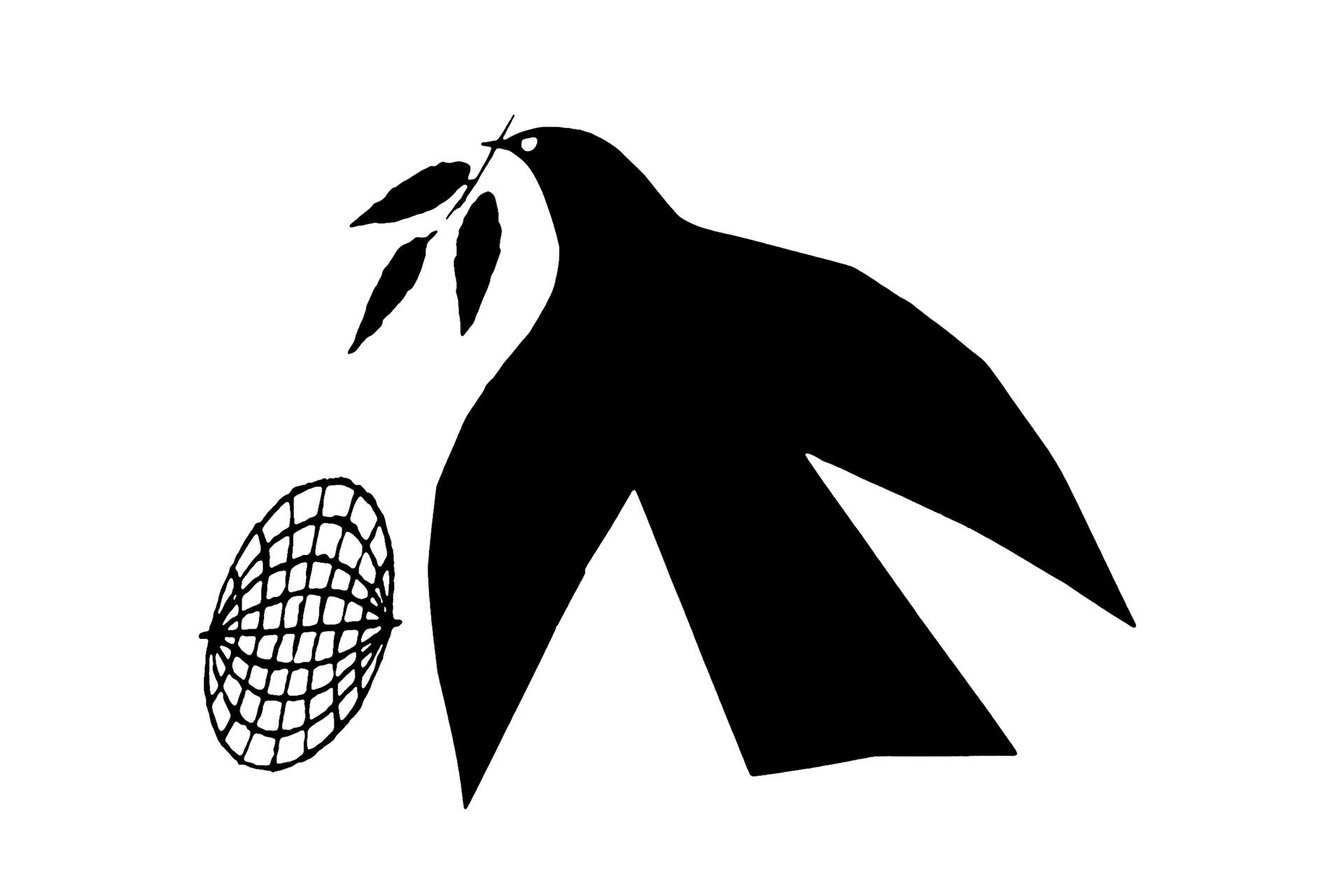 Black silhouette of a bird holding an olive branch in its beak, flying towards a wire globe on a white background, symbolizing peace.