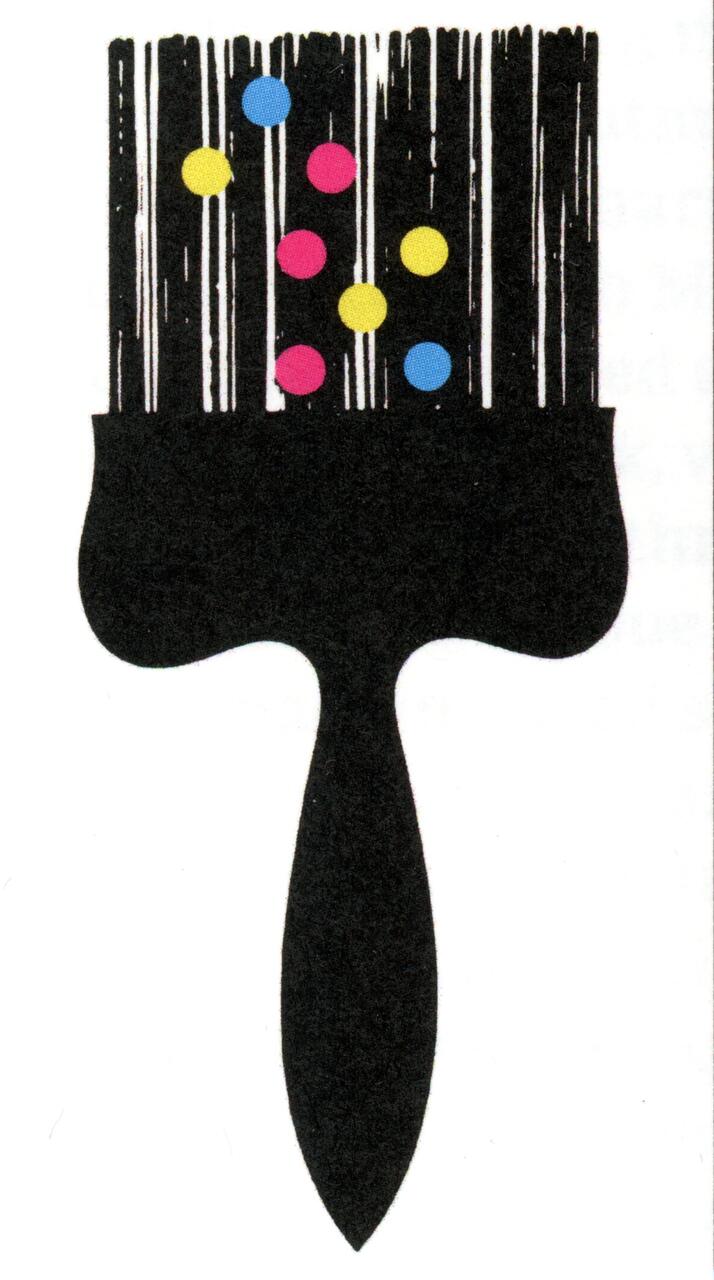 Silhouette of a paintbrush with colorful dots in blue, pink, and yellow on the bristles.