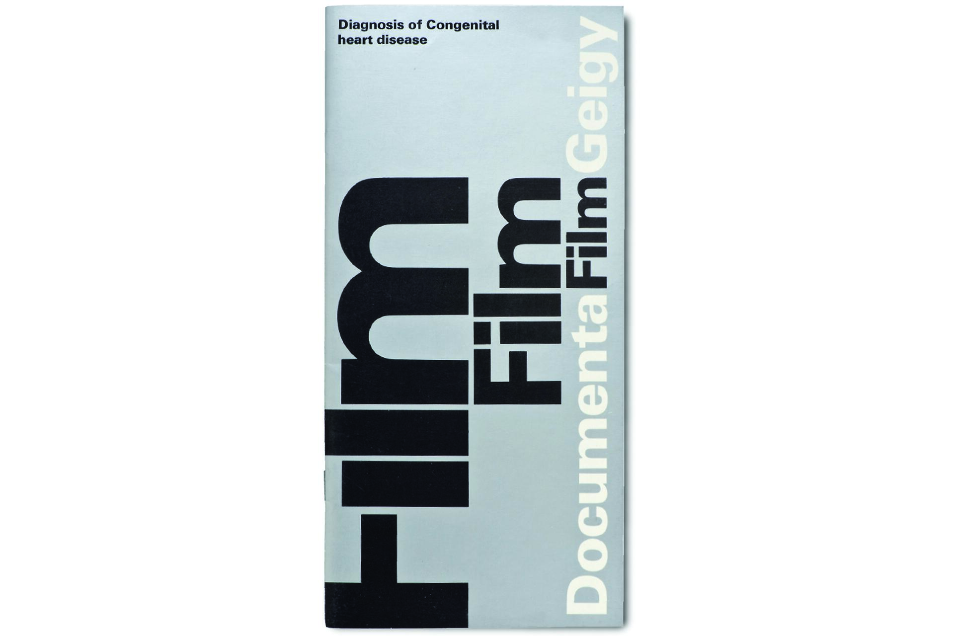 Booklet cover with bold black text "Film" and white text "Documenta Film Geigy" on a light blue background, featuring a small title "Diagnosis of Congenital heart disease" at the top.