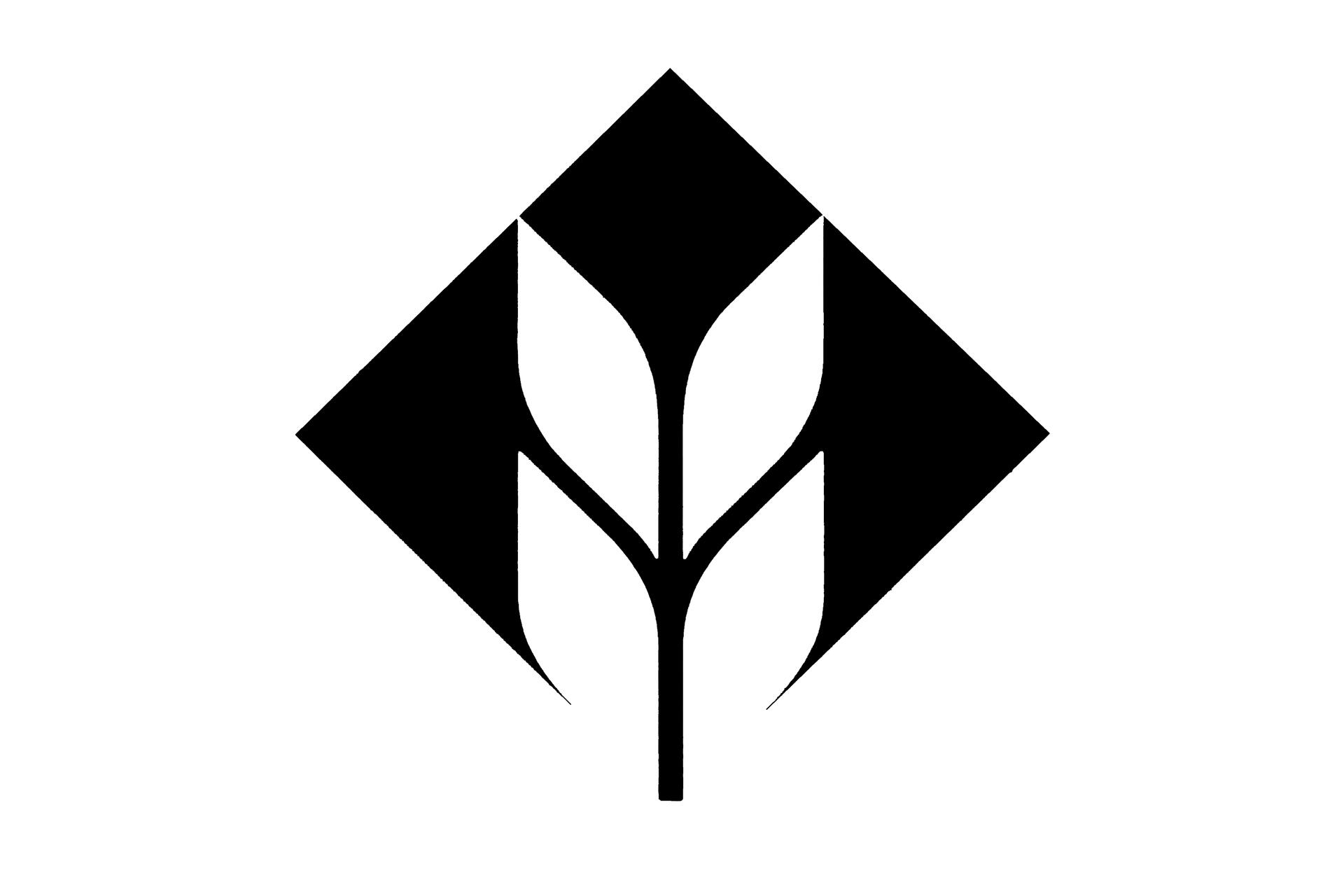 Black and white graphic logo featuring two stylized leaves inside a diamond shape.