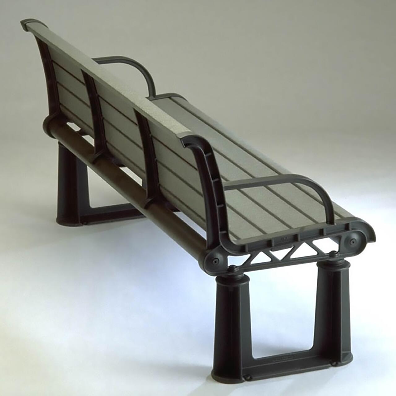 Modern park bench with a sleek design, featuring metal armrests and slatted seating in light gray, set against a neutral background.