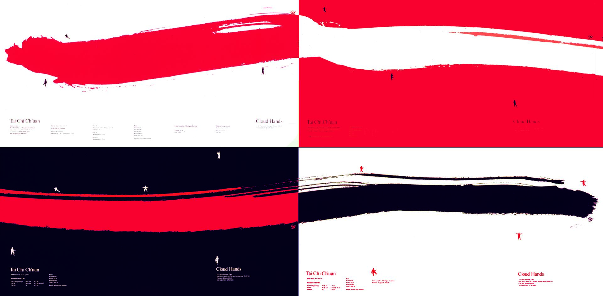 Four abstract panels feature bold red, black, and white brushstrokes with small figures practicing Tai Chi, labeled "Tai Chi Ch'uan" and "Cloud Hands." Each quadrant contrasts colors, suggesting movement and balance.