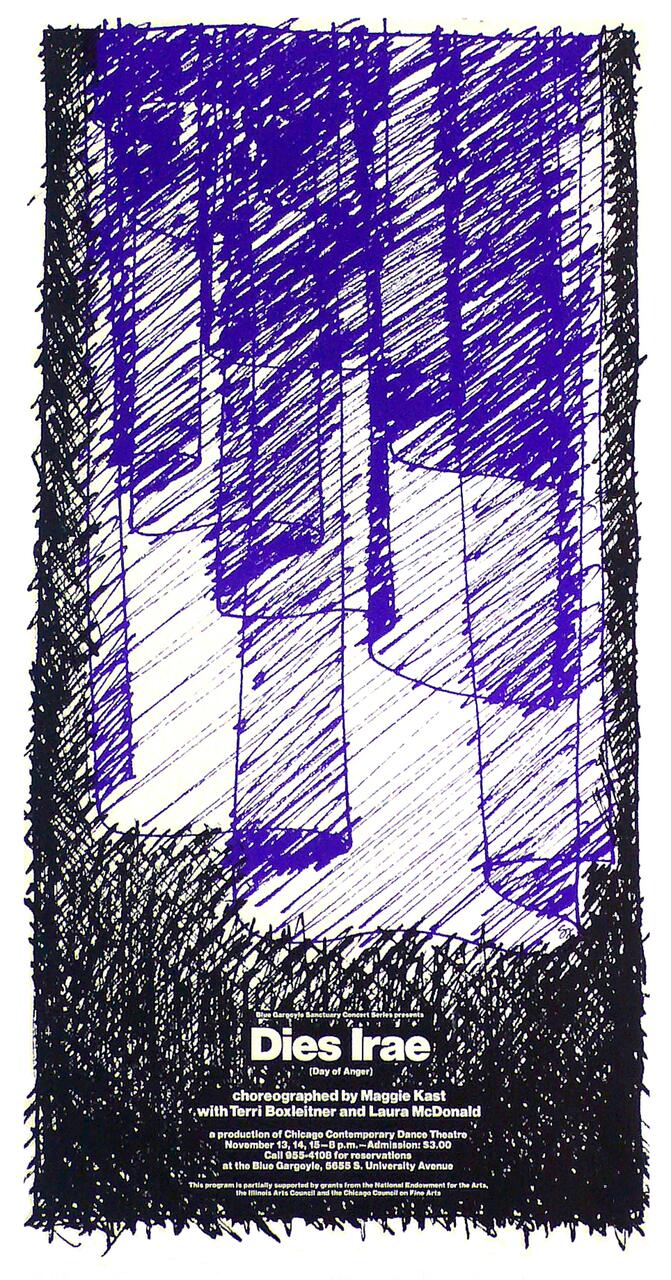 Abstract graphic poster with vertical purple and black brush strokes, resembling trees. The background is white, and there's small text at the bottom detailing a dance theatre production titled "Dies Irae," choreographed by Maggie Kast.