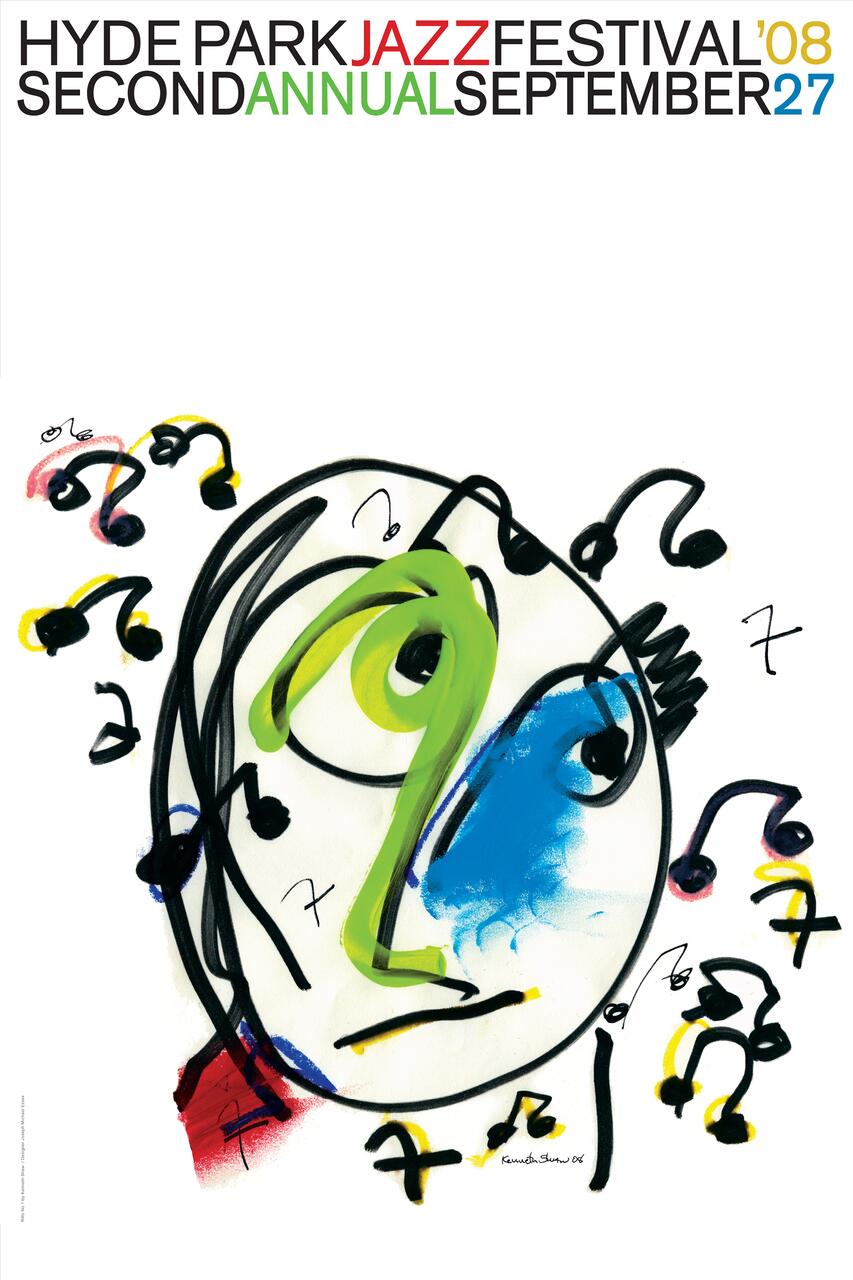 Abstract drawing of a face with a large green number nine for the nose, blue patch on one eye, surrounded by musical notes. Text above reads: "Hyde Park Jazz Festival '08 Second Annual September 27."