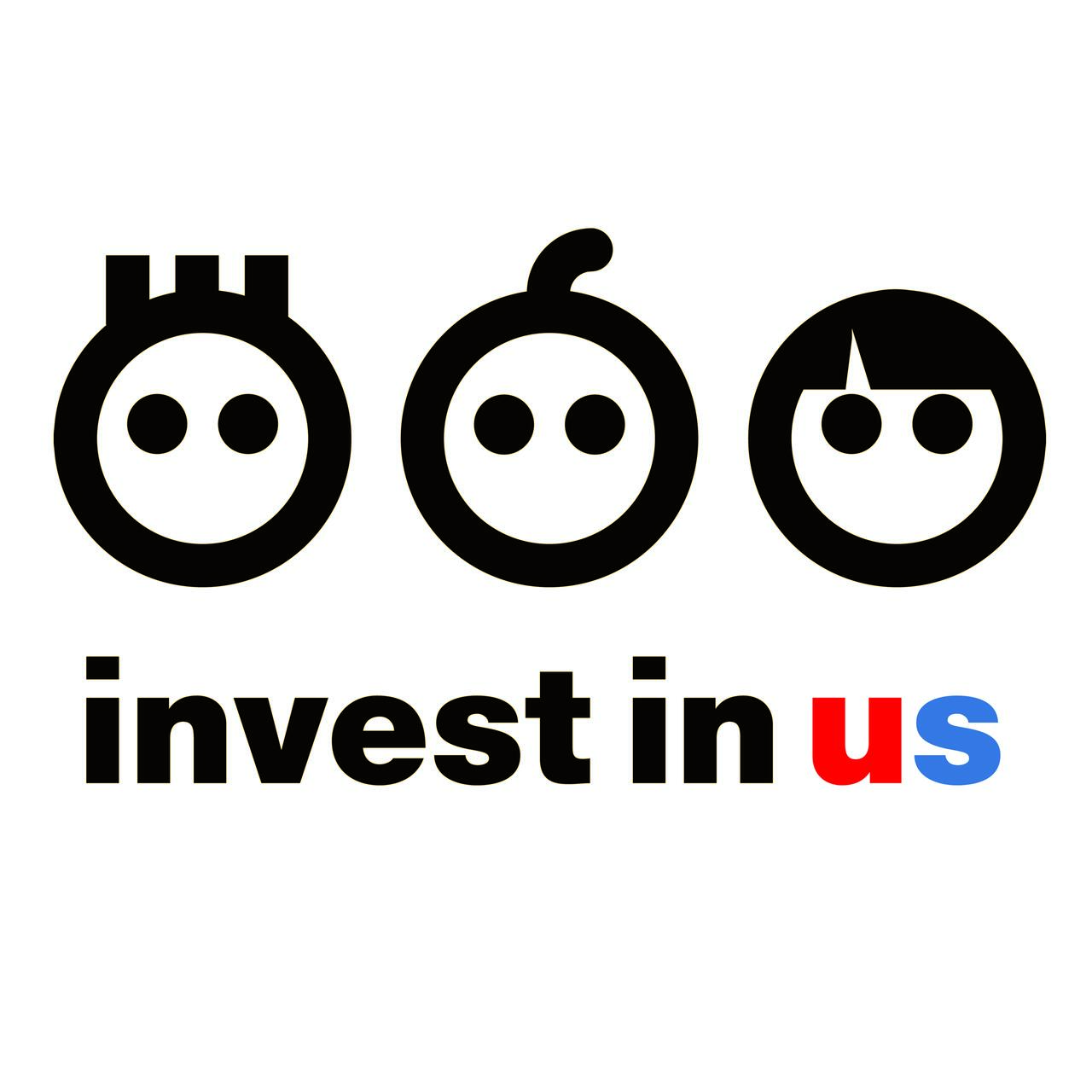 Three stylized black icons resembling faces above the text "invest in us" with "us" highlighted in red and blue.
