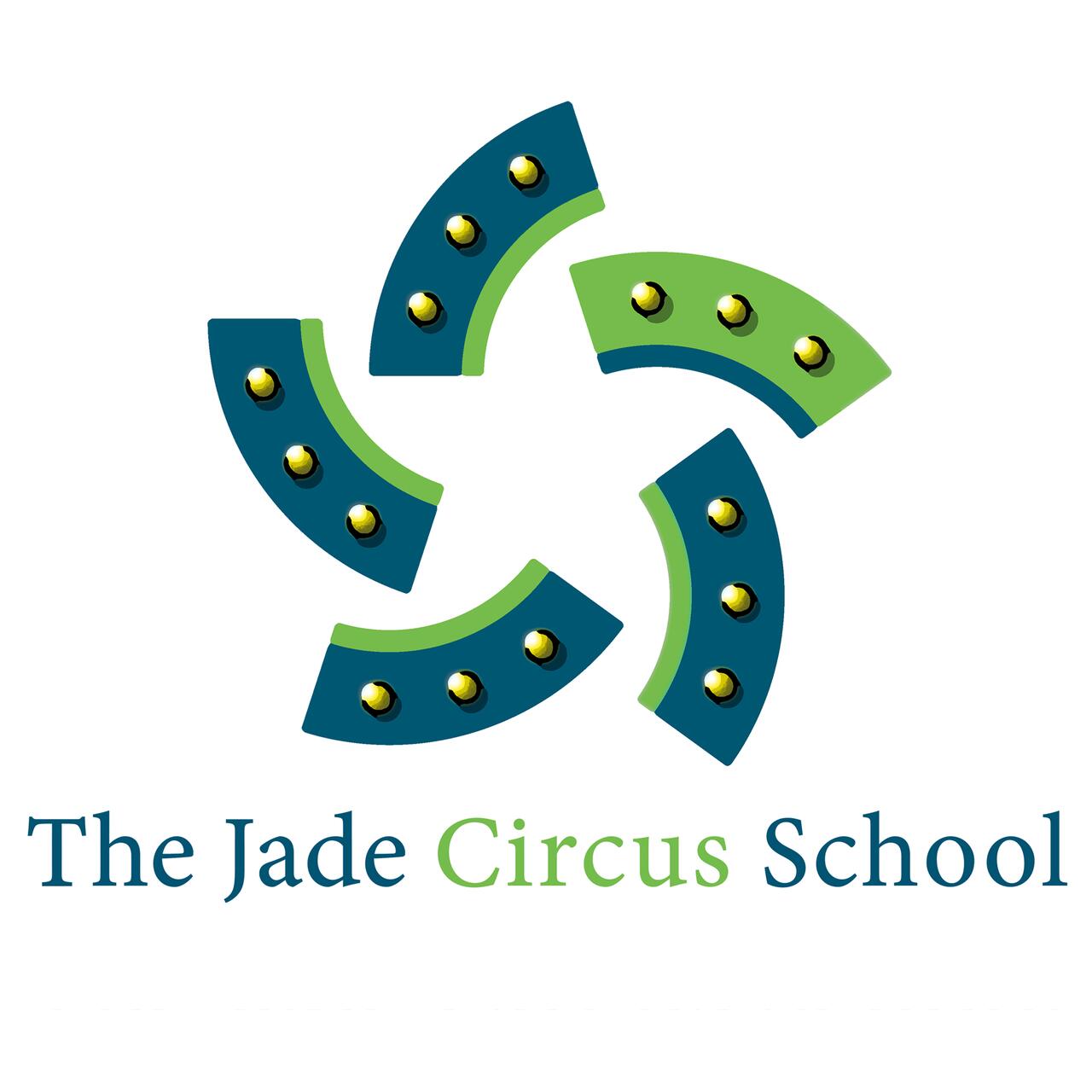 Logo for The Jade Circus School with a green and teal circular design made of curved segments and gold dots.