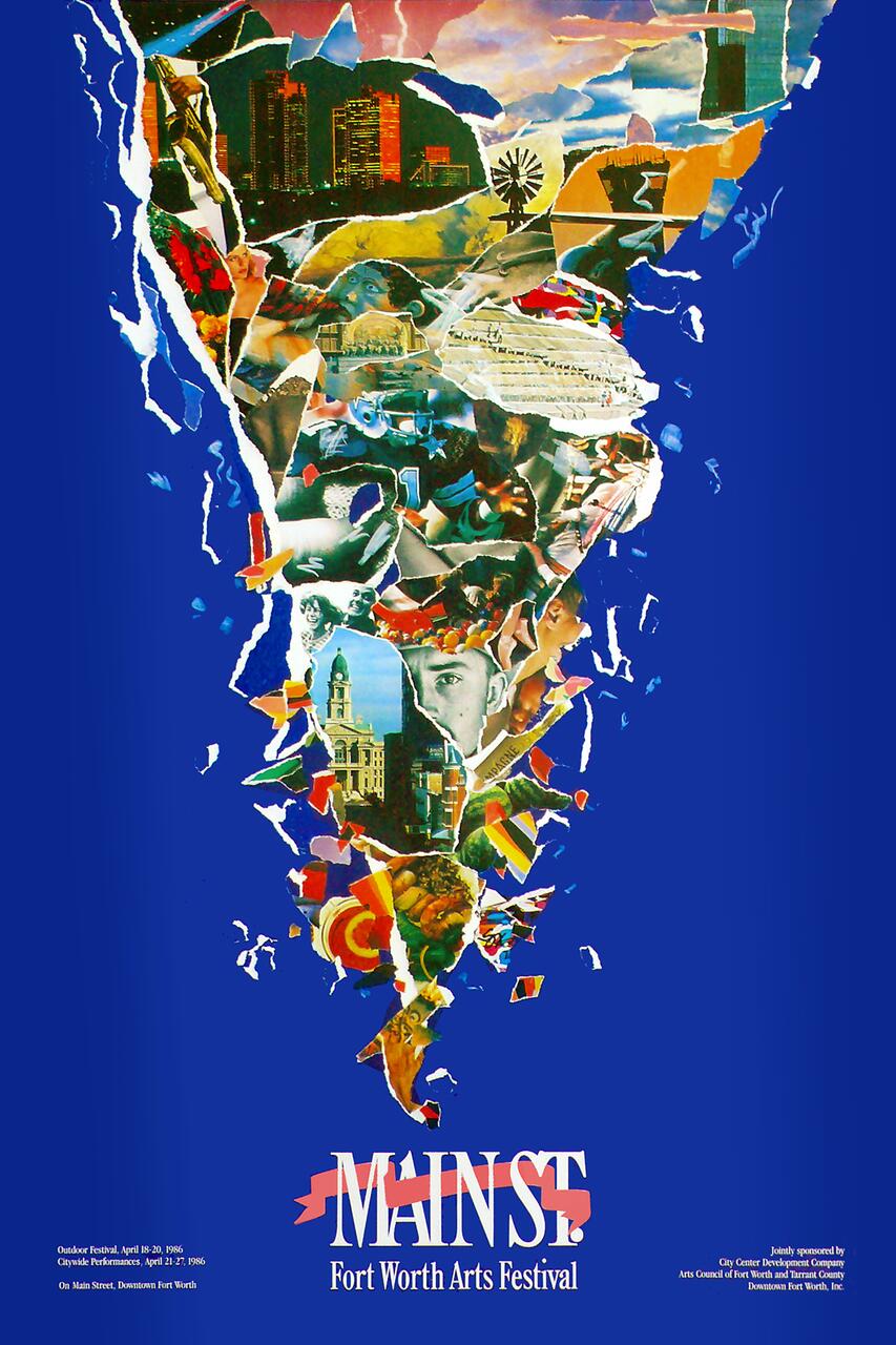 Abstract collage poster for the Fort Worth Arts Festival, featuring a mix of urban and cultural elements like buildings, people, and art, all blended into a dynamic, colorful composition against a blue background.