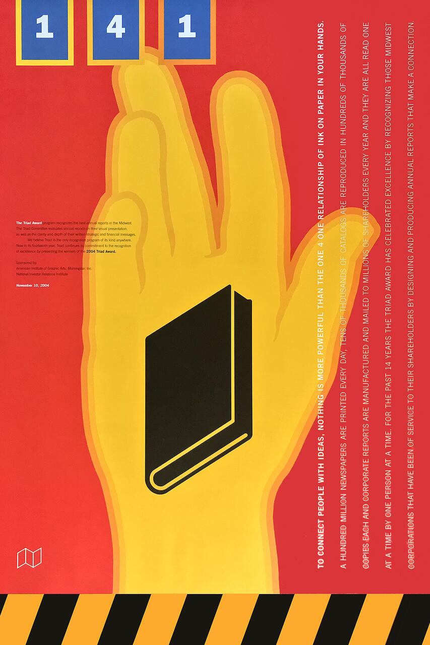 Stylized graphic of a yellow hand on a red background, holding a black book. Blue squares with white numbers "141" are at the top. Yellow and black striped border at the bottom. Text is vertically aligned on the right side.