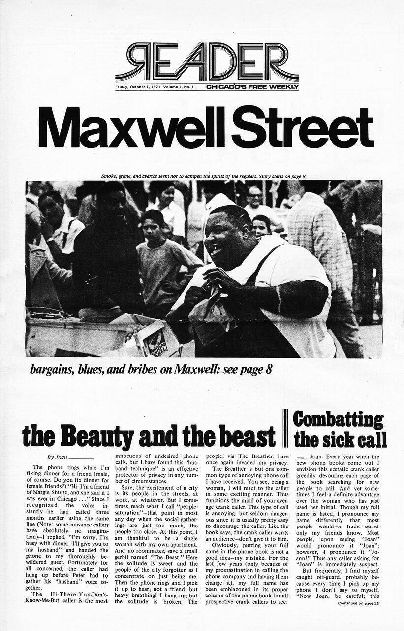 Chicago Reader cover page titled "Maxwell Street," featuring a photograph of a street scene with a smiling man in the foreground, food vendors, and a crowd in the background. The issue date is October 1, 1973.