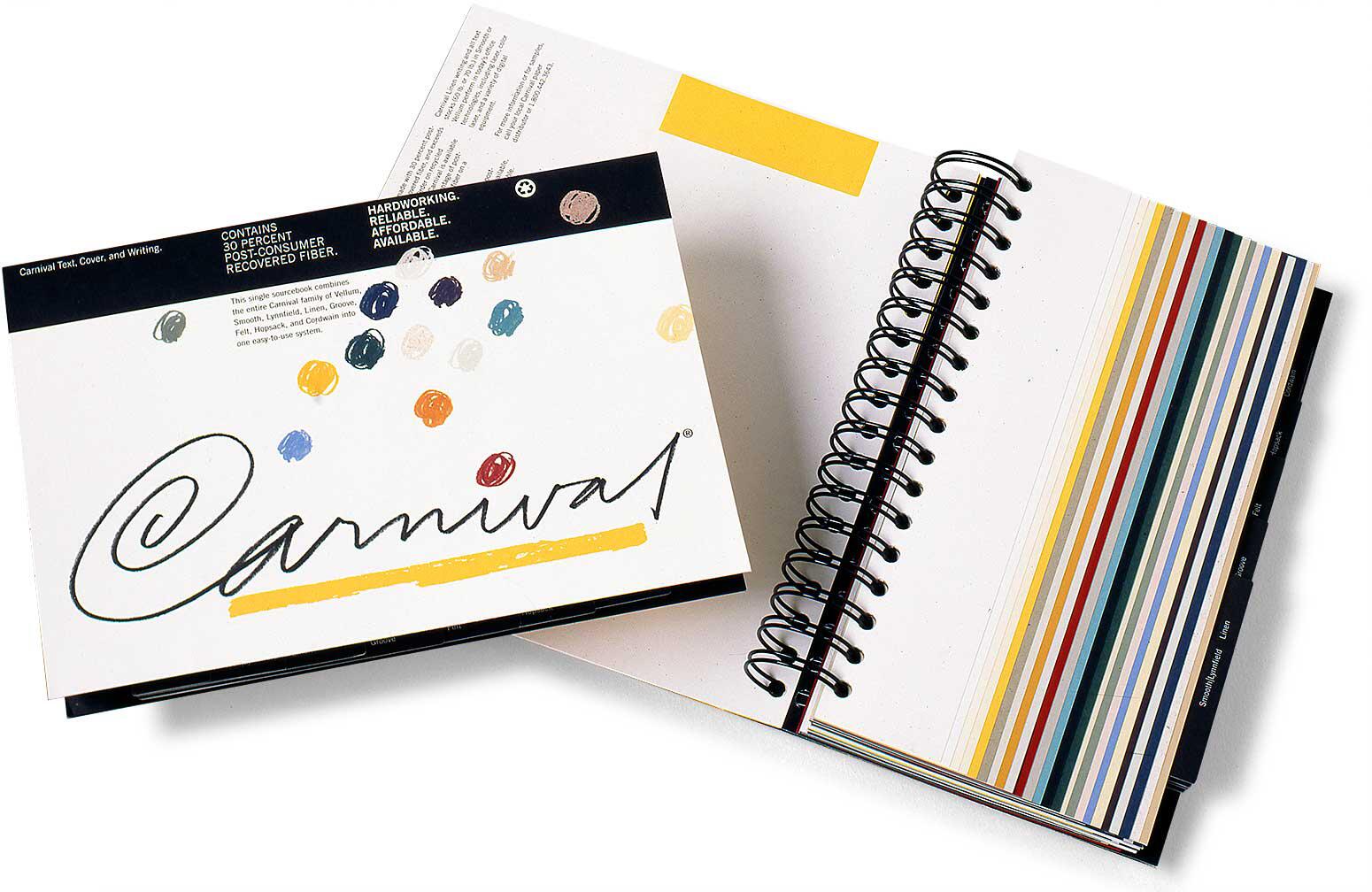 Color swatch book with "Carnival" written on the cover, featuring various color circles and a spiral-bound notebook with colored paper strips.