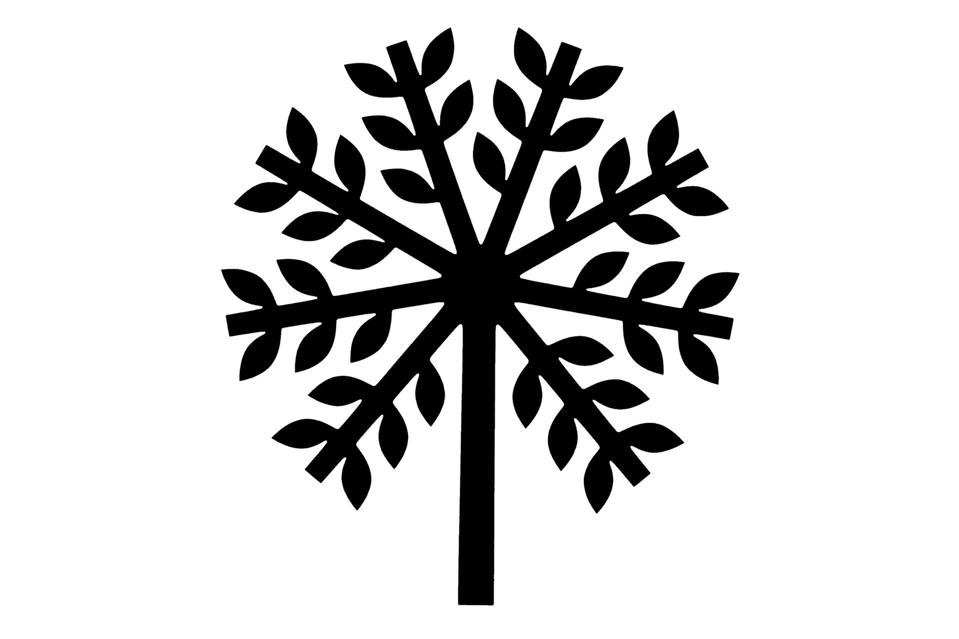 Black and white abstract tree graphic with symmetrical branches and leaves radiating from a central trunk against a white background.