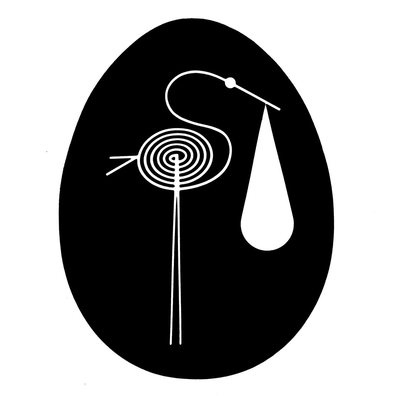 Abstract black and white graphic of a stylized bird with spiral body and long beak dropping a tear-shaped form, set against an egg-shaped black background.