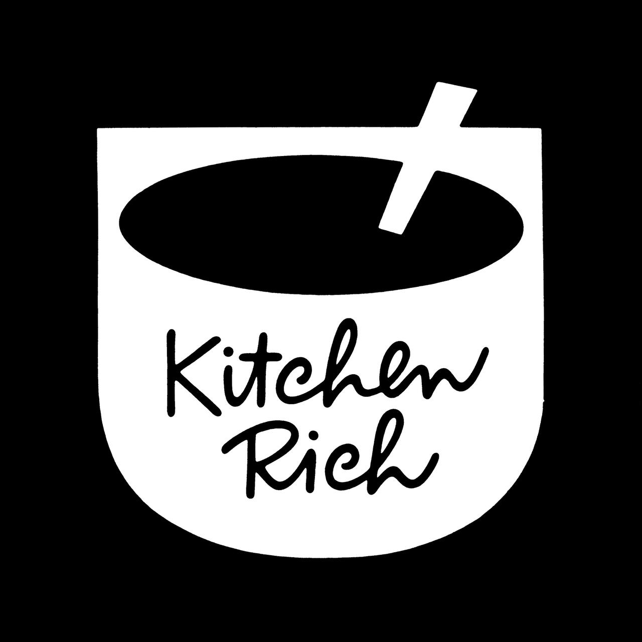 Black and white graphic of a bowl with a spoon. The text "Kitchen Rich" is styled across the front.