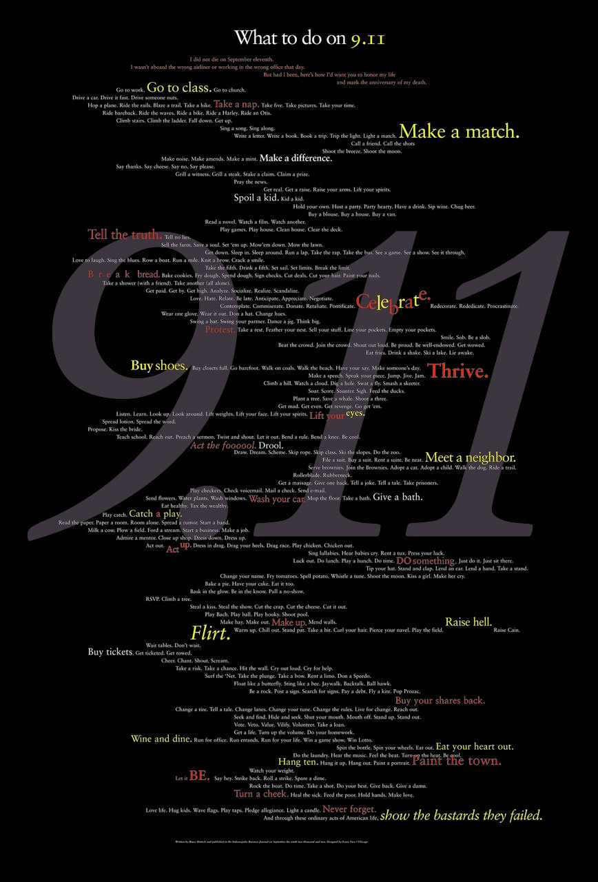 Text graphic titled "What to do on 9.11," featuring an artistic arrangement of motivational and everyday actions like "Make a match," "Buy shoes," and "Celebrate." The background is black with colorful text and a large, semi-transparent numeral "9.11" in the center.