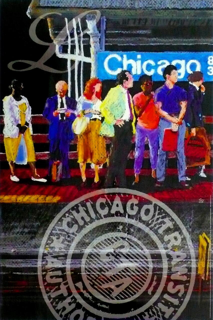 A painting of people waiting at a Chicago train platform, with diverse individuals standing under a blue sign. The Chicago Transit Authority logo is overlaid at the bottom.