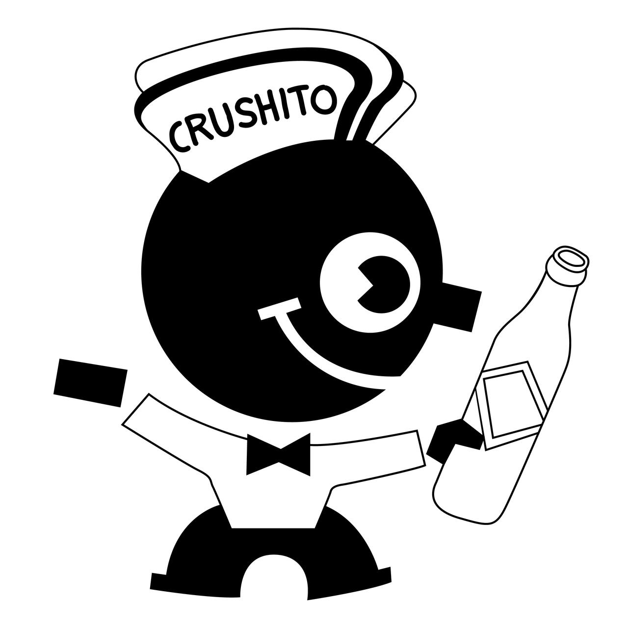 Cartoon character with a large round head, wearing a sailor hat labeled "Crushito." The character has one eye, a smiling mouth, a bow tie, and holds a bottle in its hand. Black and white graphic.
