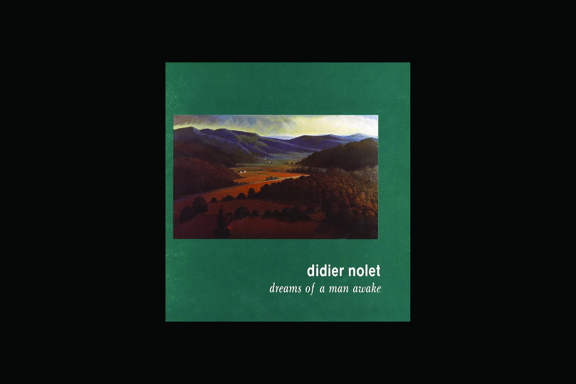 Landscape painting on a green background, showing rolling hills and valleys under a dramatic sky. Dark forests cover the hills, while a lighter field stretches out in the distance. Text at bottom right.