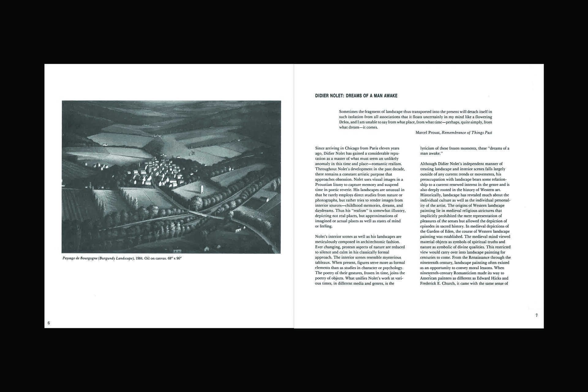 Painting of a dreamlike landscape with a small village surrounded by expansive fields and a winding road. Text on the right discusses Didier Nolet's artistic exploration of landscapes and interior scenes, blending memory and imagination.