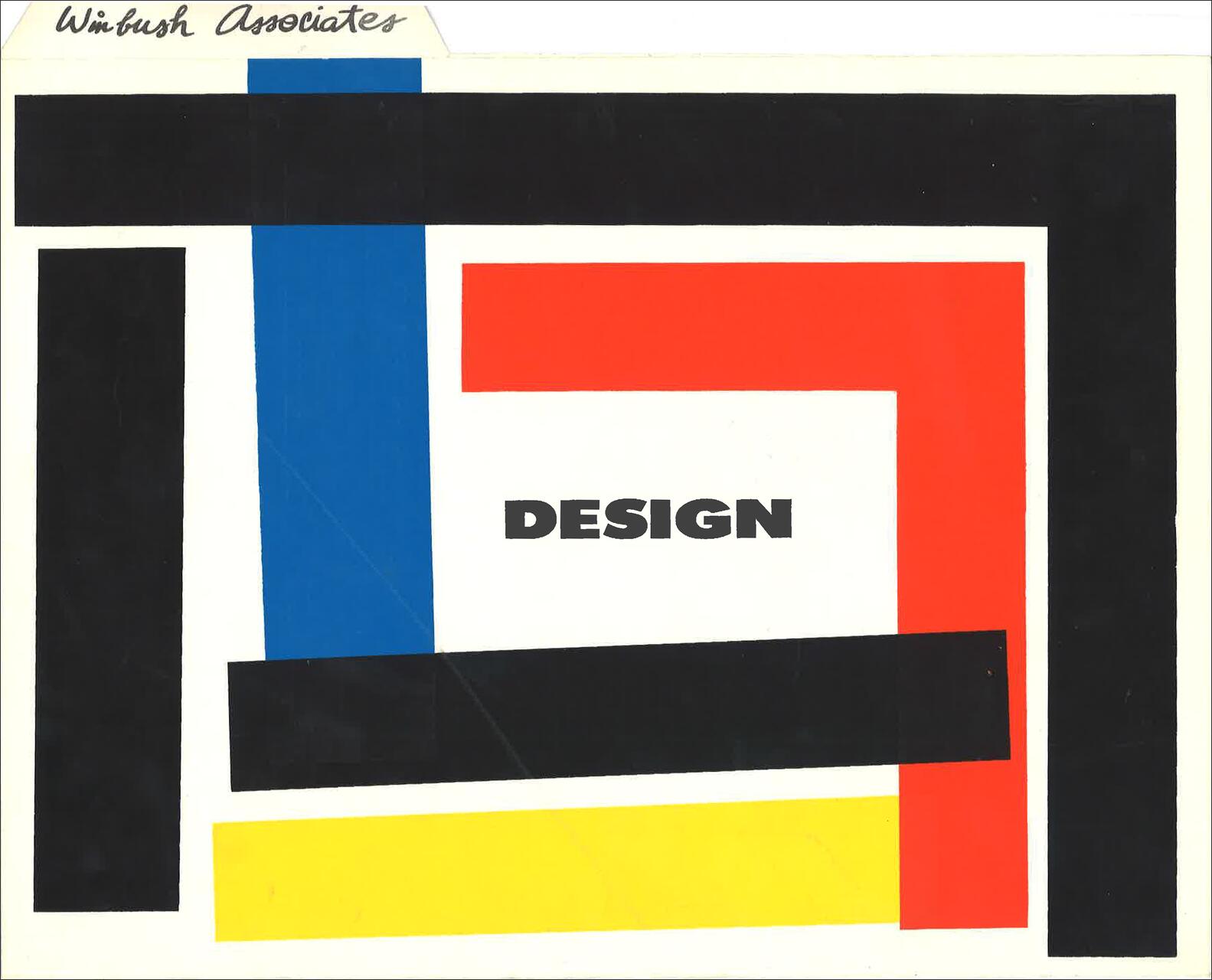 Abstract graphic with overlapping black, blue, red, and yellow rectangles surrounding the word "DESIGN" in bold black letters on a white background.
