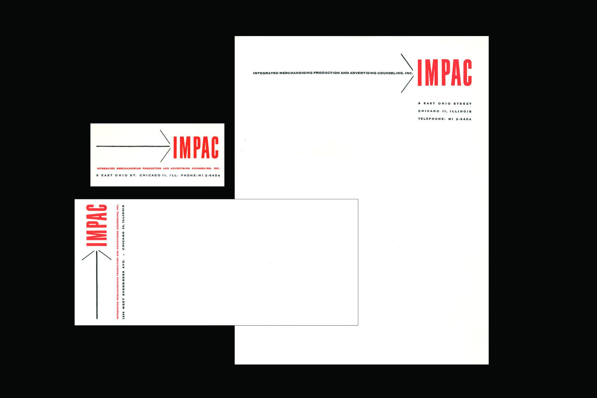 Stationery set featuring a letterhead, envelope, and business card with "IMPAC" in bold red text accompanied by an arrow. White background with black text detailing address and contact information.